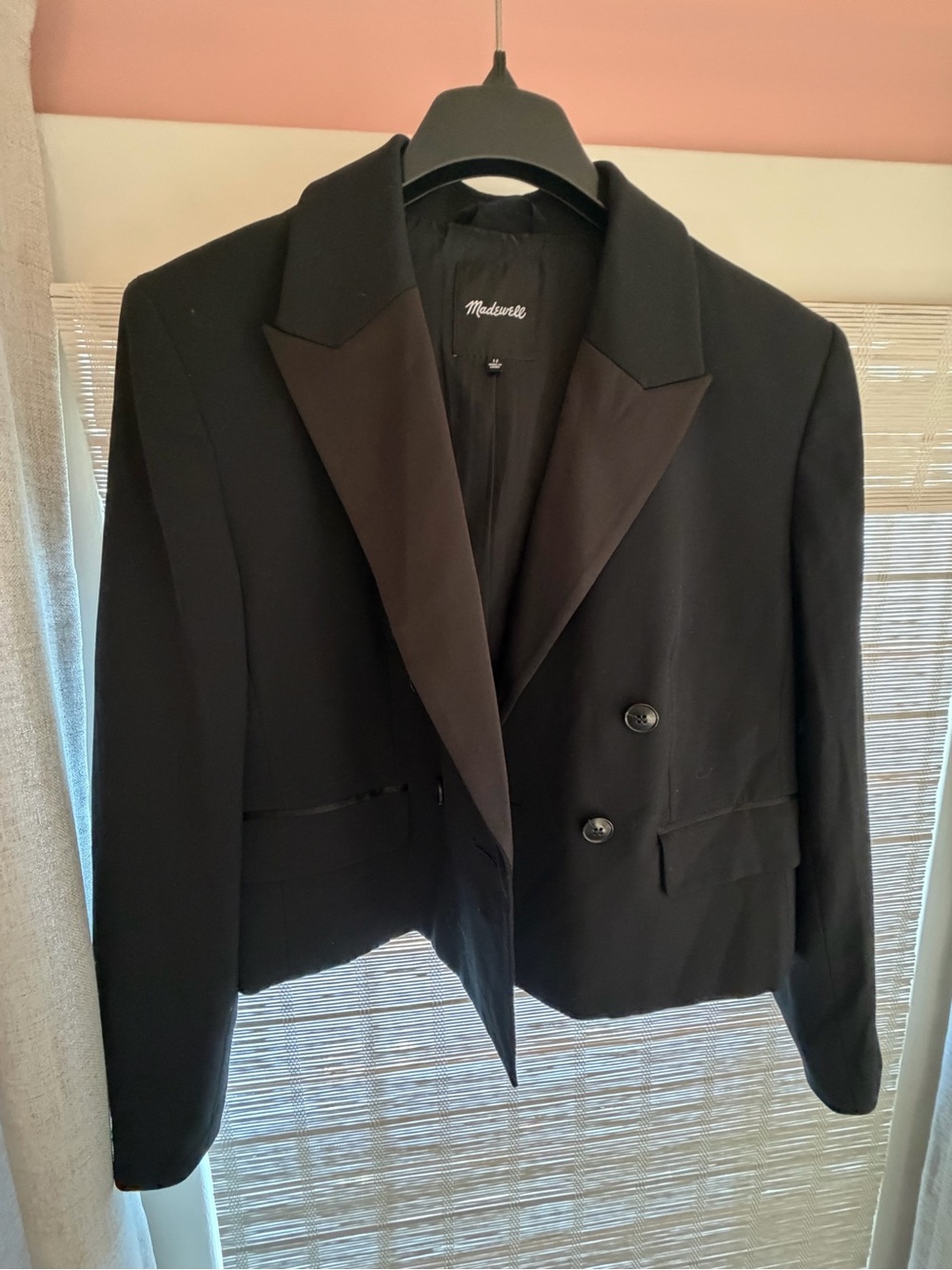 Madewell Black Cropped Double-Breasted Satin-Lapel Blazer